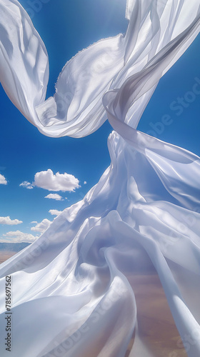 White fabric dancing in the desert wind, a poetic backdrop for fashion editorials or evocative advertising
