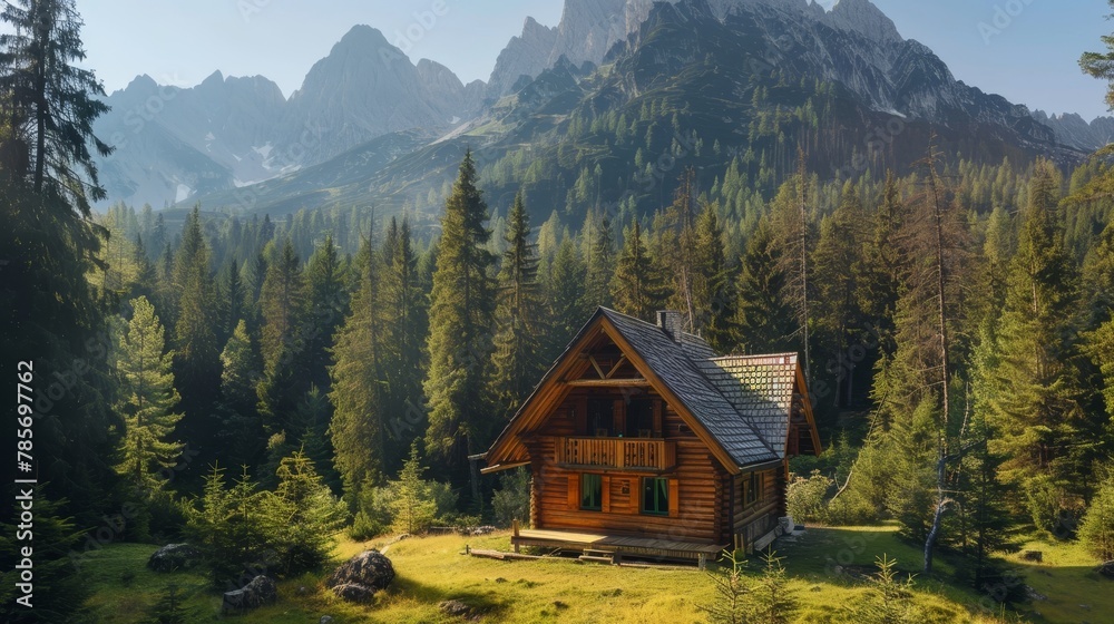 A cozy wooden cabin surrounded by pine trees and a mountain backdrop  AI generated illustration