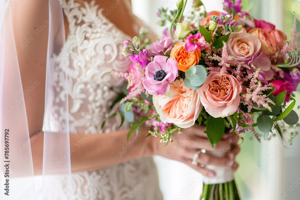 Intimate view of a brunette bride's delicate hands clasping her bouquet, the vibrant blooms contrasting beautifully against her gown 01