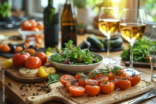 An inviting culinary image featuring fresh salad ingredients on a kitchen counter with wine in the background