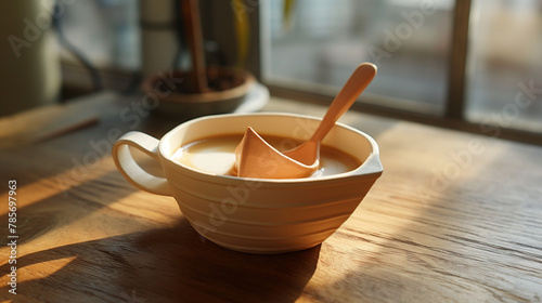 Morning sunlight casting a warm glow on a bowl of creamy soup, ideal for food blogs or restaurant social media posts.