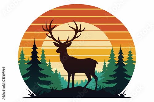 t-shirt-design-with-sunset--in-silhouette-deer vector illustration © Jutish