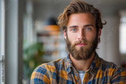 Handsome bearded man with an introspective look, captured with a soft-focus background