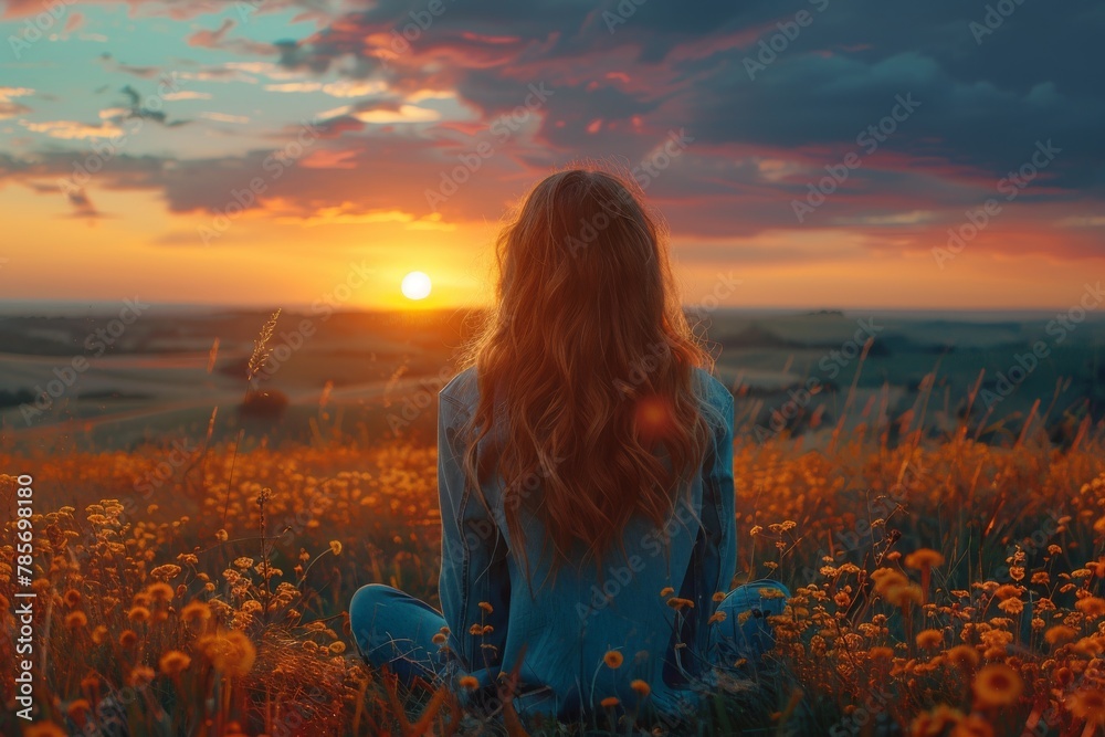 A dreamy scene capturing a woman with long hair sitting amidst a blooming field, gazing at a breathtaking sunset