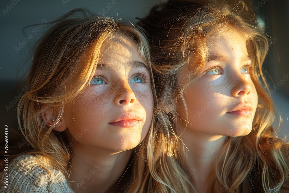 Heartwarming image of two young girls looking up with a sense of wonder and enchantment
