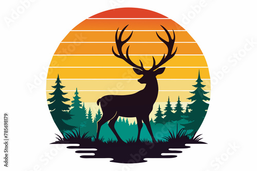 t-shirt-design-with-sunset--in-silhouette-deer vector illustration © Jutish
