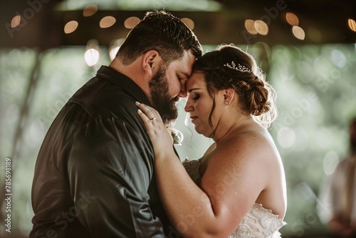 Intimate moment between the obese bride and groom, their eyes locked in love as they share their first dance as a married couple 02