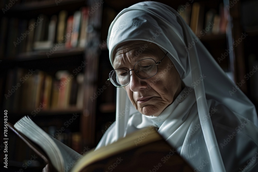 Intimate glimpse of a nun's face in the convent library, her expression thoughtful as she immerses herself in scripture 02 Intimate glimpse of a nun's face in the convent library, her expression thoughtful as she immerses herself in scripture 02
