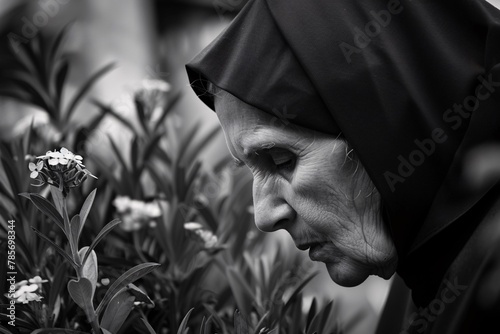 Intimate glimpse of a nun's face in the convent courtyard, her expression peaceful as she tends to the garden in solitude 03 photo