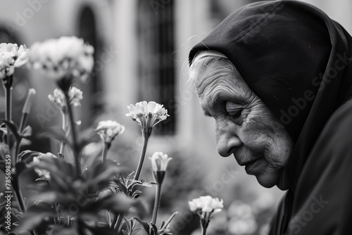 Intimate glimpse of a nun's face in the convent courtyard, her expression peaceful as she tends to the garden in solitude 02 photo
