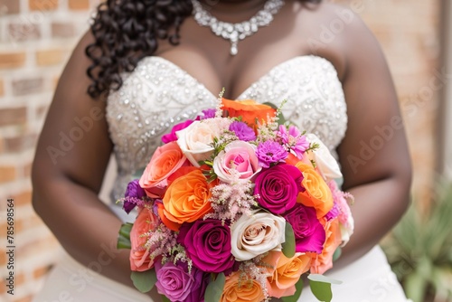 Close-up shot of the curvy bride's vibrant bouquet, adding a burst of color to her ensemble on her wedding day 01