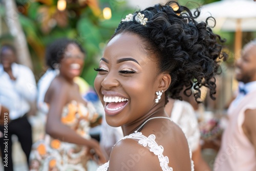 Close-up shot of the curvy bride's radiant face, beaming with happiness and excitement as she celebrates with loved ones 02