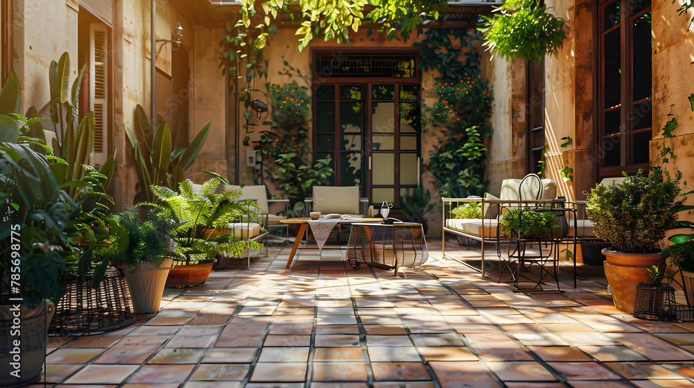 A Mediterranean-inspired patio with terracotta tiles and lush plantings.