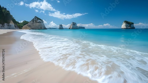 Serenity at Cathedral Cove: Summer's Embrace. Concept Nature Photography, Coastal Beauty, Serene Landscapes