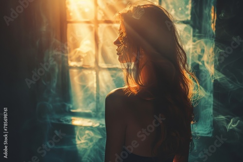 A mysterious woman stands in front of a window surrounded by enchanting smoke and golden light