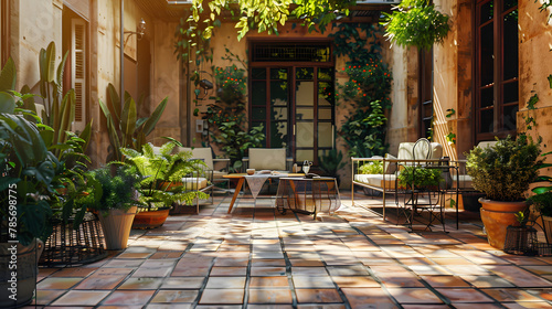 A Mediterranean-inspired patio with terracotta tiles and lush plantings. © Finn