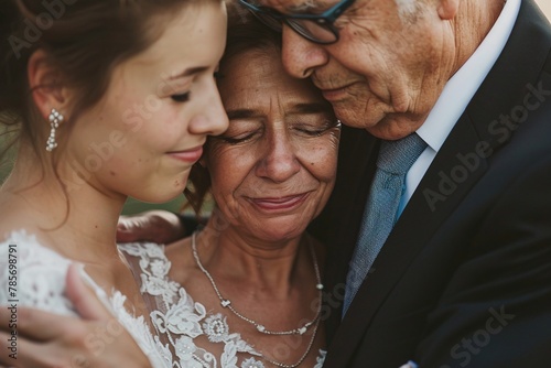 Close-up shot of a retro wedding photo capturing the intimate moment between a young bride and her parent, filled with love 02 photo