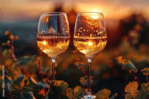 Twinkling bubbles in wine glasses with a romantic vineyard sunset background