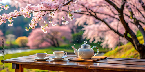 there is a glass table under the sakura, and a teapot and a cup are white on it, sakura leaves are falling on the table, the landscape is a painted picture © Anelya
