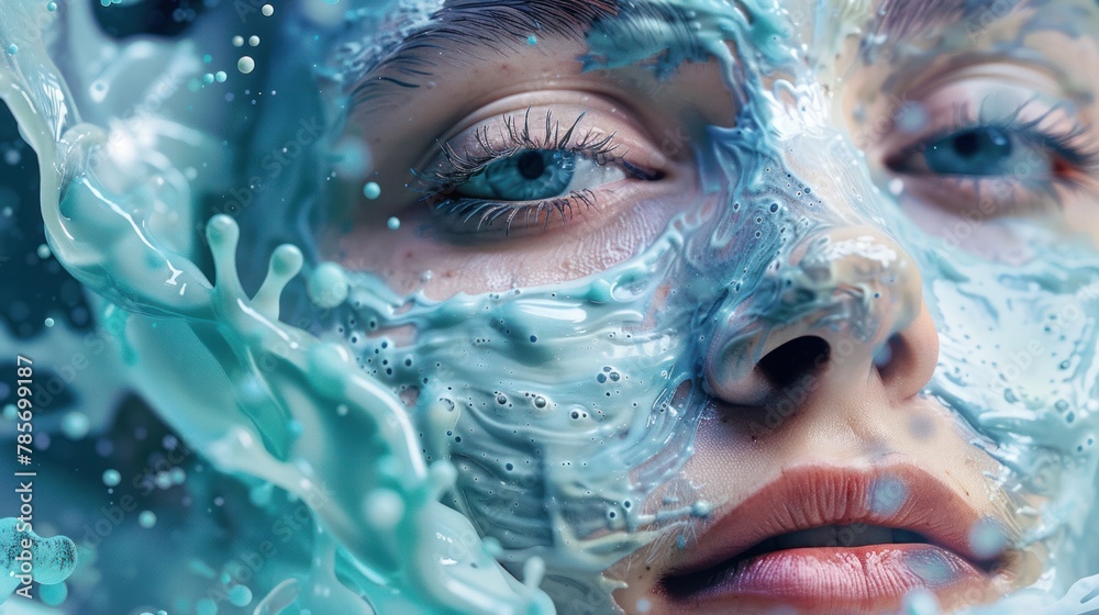 A woman in a cosmetic mask with blue eyes has water splashes on her face.