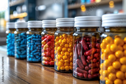 Rows of transparent jars filled with colorful capsules, representing healthcare, medicine, and pharmaceutical industry