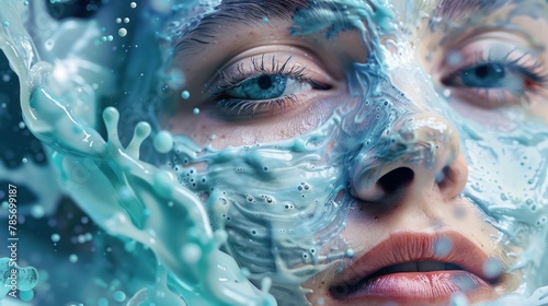 A woman in a cosmetic mask with blue eyes has water splashes on her face.