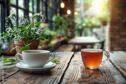 A relaxing tea and coffee break set on a wooden table with plants and a garden view