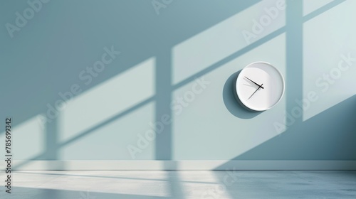 A white clock on a light blue wall illuminated by sunlight falling from the window. photo