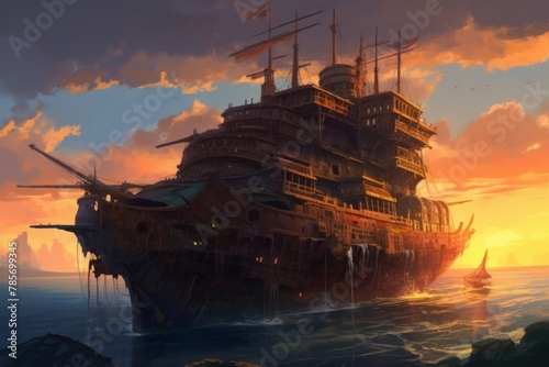 Old medieval ship on beautiful sunset. Generate Ai