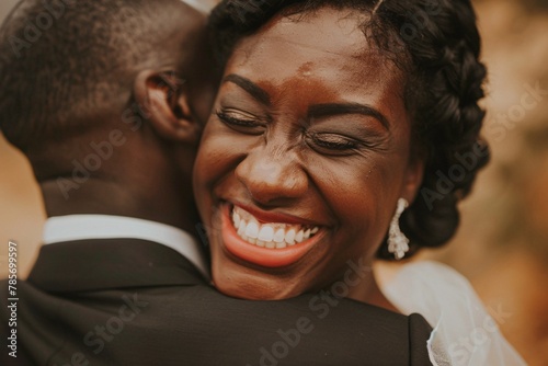 Close-up of the curvy bride's radiant smile, her eyes filled with tears of joy as she embraces her partner in a warm hug 01
