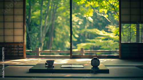 A minimalist Zen study with a simple desk tatami mats and natural light.