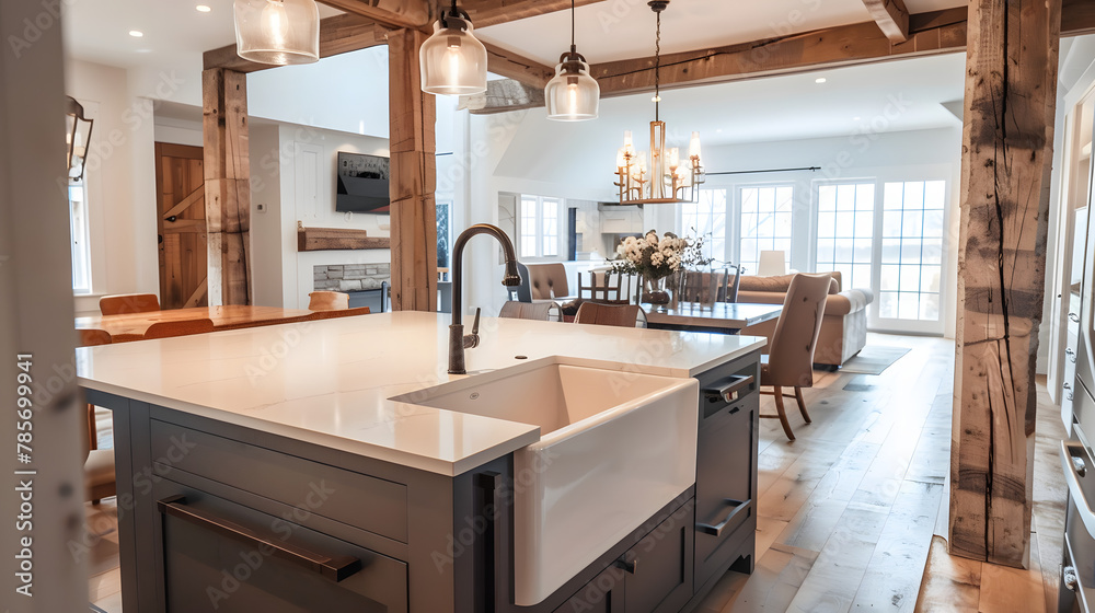 A modern farmhouse kitchen with rustic wood beams and a large farmhouse sink. A modern farmhouse kitchen with rustic wood beams and a large farmhouse sink.