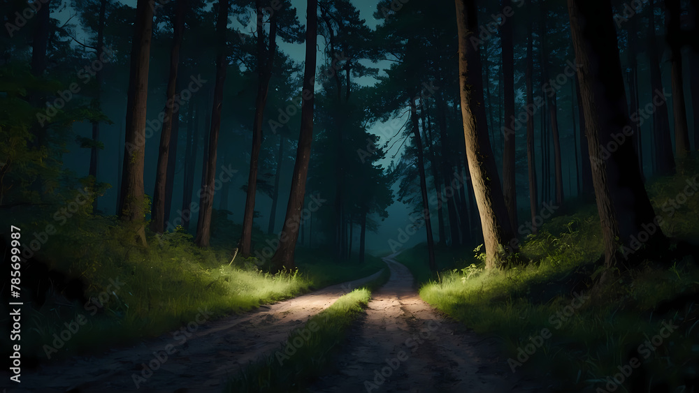 Fototapeta premium sunset in the forest long way