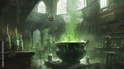A cauldron bubbles with a green potion in a dusty, sunlit alchemists laboratory filled with books and bottles