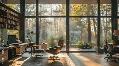 A modernist architects home office with floor-to-ceiling windows and a minimalist aesthetic.