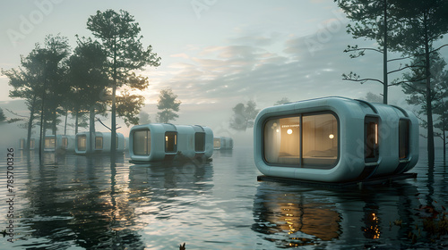 A modular amphibious housing development designed for flood-prone areas with self-adjusting floating foundations. photo