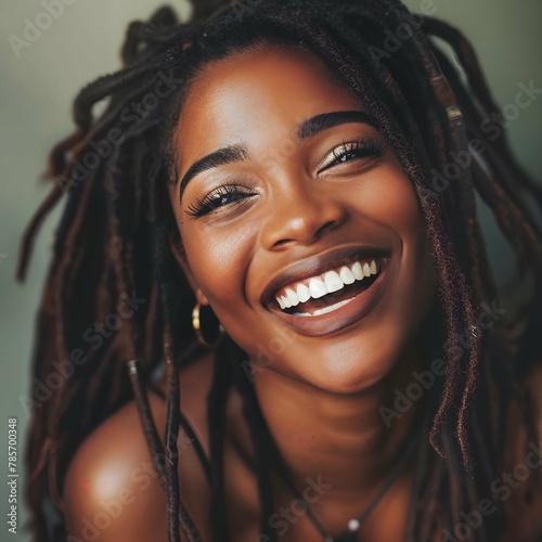 Happy Beautiful Nigerian Woman. African girl smiling cheerfully in a studio. Young woman wearing dreadlocks against a green background. Female hipster feeling confident in her style.
