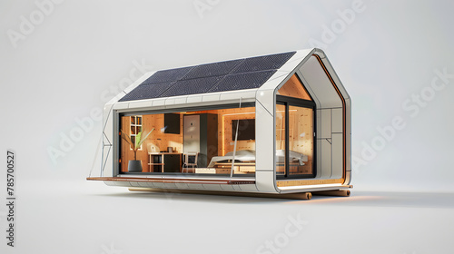 A modular and transportable housing unit designed for quick deployment in emergency situations or as temporary accommodations featuring solar panels and rainwater harvesting.
