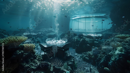 A luxury underwater restaurant offering diners a 360-degree view of the marine environment constructed with transparent and pressure-resistant materials.