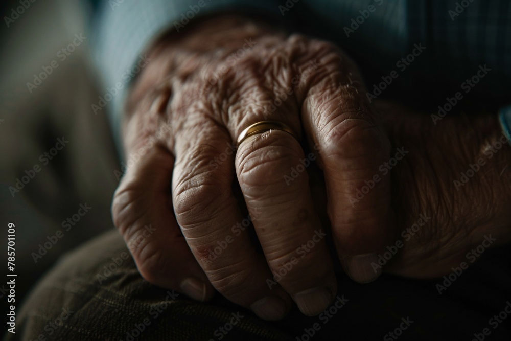 Fototapeta premium Extreme close-up of a man's hand removing his wedding ring, under harsh lighting, depicting the pain of letting go 03