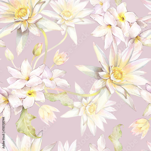 Floral seamless pattern of tropical flowers. Hand painted watercolor illustration.