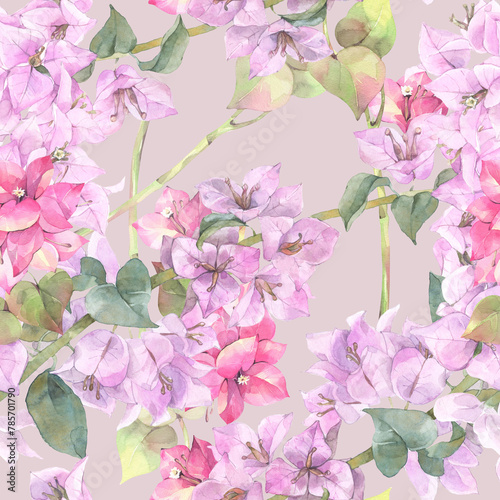 Seamless floral pattern of tropical flowers. Hand painted watercolor illustration.