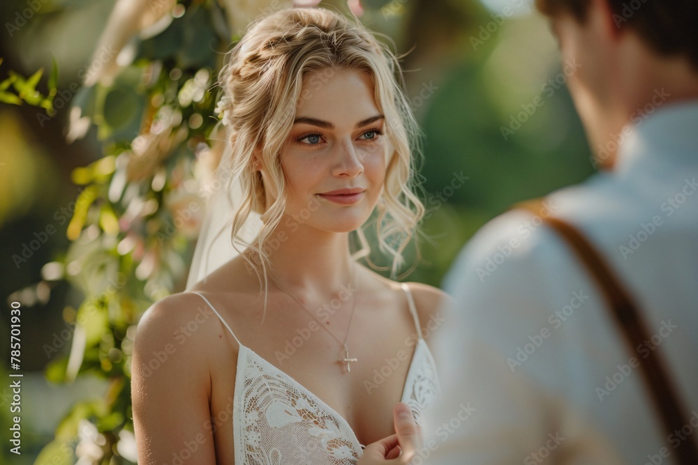 Intimate view of a blonde bride with captivating blue eyes, her hand delicately holding her groom's, as they exchange vows of love and devotion in a sun-drenched outdoor ceremony 01