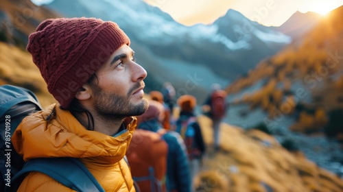 A group of travelers hiking up a beautiful mountain, surrounded by natural landscapes filled with plants, grasslands, and hills, under a vast sky. AIG41