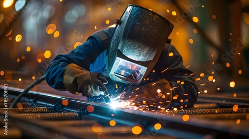 Illuminated Focus: Welder at Work. Concept Industrial Photography, Sparks Flying, Precision Welding, Welding Equipment, Metal Fabrication © Ян Заболотний