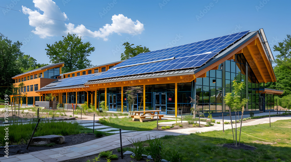 A net-zero energy school complex utilizing photovoltaic panels and geothermal heating designed to educate students on sustainability and environmental stewardship.