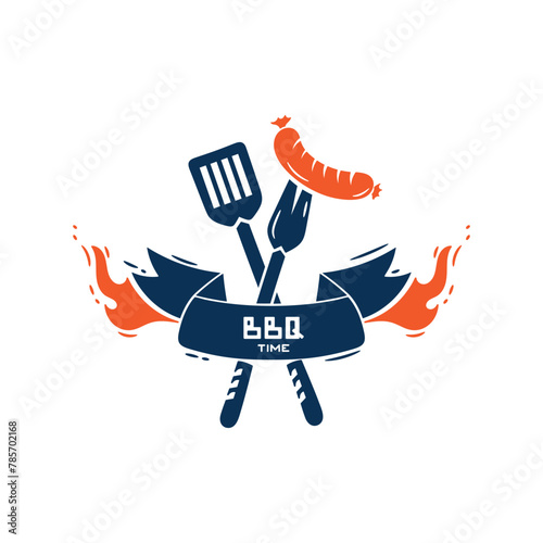 BBQ Time. Ribbon Banner with Fire Flames and Grill Tools icon. Sausage on a Barbecue Fork with Spatula. Vector illustration.