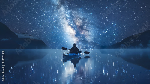 A night kayaker pausing on a still lake to admire the reflection of the Milky Way.