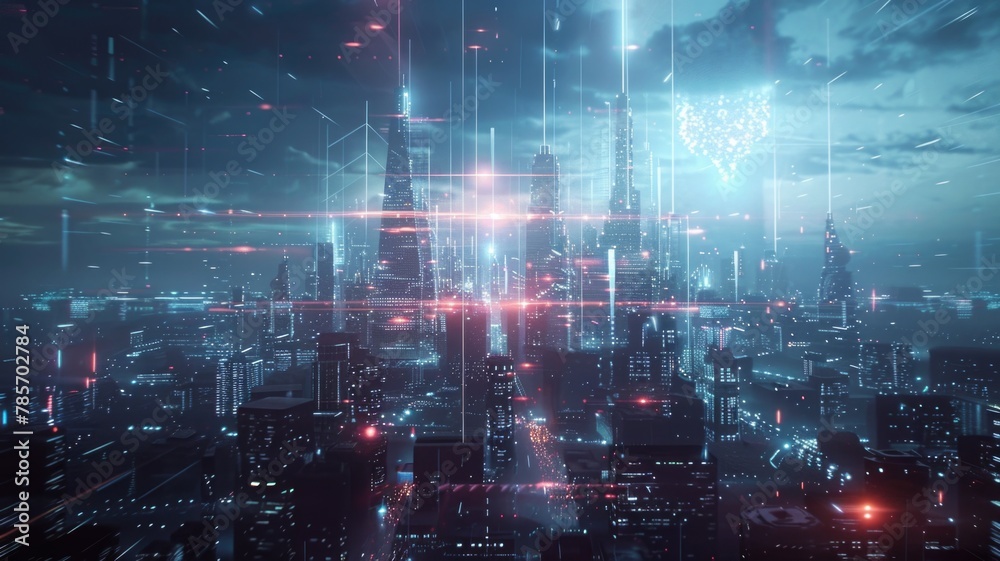 Obraz premium Visualization an AI merging with the particles of another, showcasing its victory and enhanced capabilities, amidst a futuristic cityscape