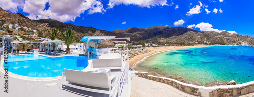 Greek summer holidays. Best beaches of Ios island - Mylopotas with crystal clear waters. Creece, Cyclades.